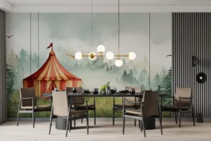 Circus tent in a serene meadow with misty backdrop.||