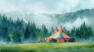 Alternative view of Whimsical Circus Tent in a Misty Forest Wall Mural