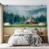 Colorful circus tent in a misty forest setting