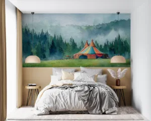 Colorful circus tent in a misty forest setting||