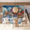 A whimsical village above the clouds with colorful architecture.||