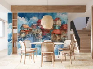 A whimsical village above the clouds with colorful architecture.||