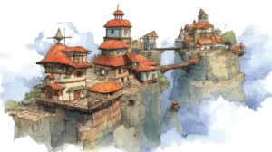 Alternative view of Whimsical Fantasy Village on Cliffs Wall Mural