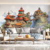 Fantasy village on cliffs with whimsical architecture and vibrant colors.