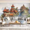Fantasy village on cliffs with whimsical architecture and vibrant colors.||