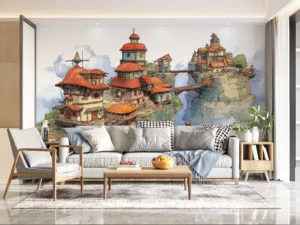 Fantasy village on cliffs with whimsical architecture and vibrant colors.||