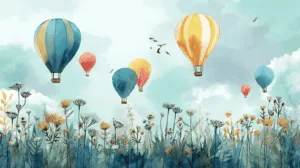 Alternative view of Whimsical Hot Air Balloons in a Floral Field Wall Mural