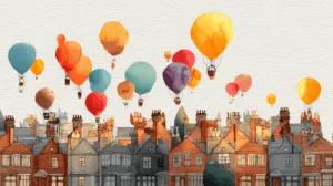 Alternative view of Whimsical Hot Air Balloons Over Urban Houses Wall Mural