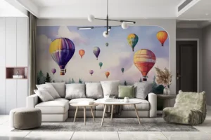 Hot air balloons in a serene landscape with a pastel sky||