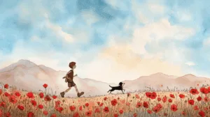 Alternative view of Whimsical Poppy Field with Boy and Dog Wall Mural