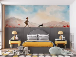 A young boy walking with a black dog through a vibrant field of red poppies.||