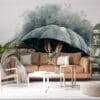 A cartoon-style rabbit peeking out from under an umbrella in a rainy rustic setting