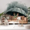 A cartoon-style rabbit peeking out from under an umbrella in a rainy rustic setting||