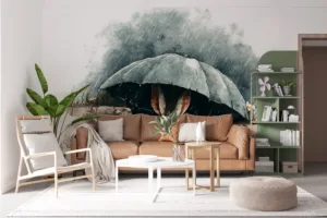 A cartoon-style rabbit peeking out from under an umbrella in a rainy rustic setting||
