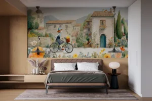 Young girl riding a bicycle through a quaint village in a whimsical illustration.||