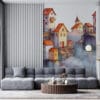 A whimsical village on cliffs surrounded by clouds