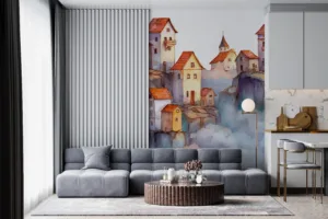 A whimsical village on cliffs surrounded by clouds||