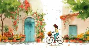 Alternative view of Whimsical Village Scene with Bicycle Wall Mural