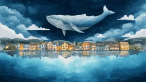 Alternative view of Whimsical Whale Above Village Wall Mural