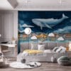 Whimsical whale floating above a quaint village at night