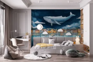 Whimsical whale floating above a quaint village at night||