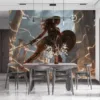 Wonder Woman in battle armor with a raised shield in a mythical landscape||