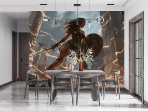 Wonder Woman in battle armor with a raised shield in a mythical landscape||