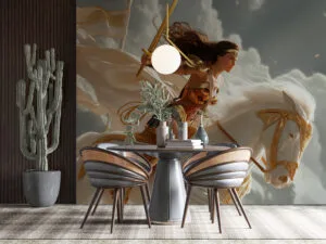 Female warrior in golden armor riding a glowing white pegasus against a backdrop of swirling clouds.