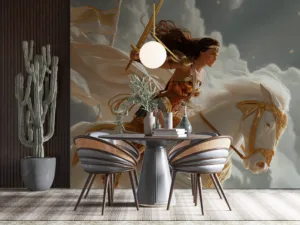 Female warrior in golden armor riding a glowing white pegasus against a backdrop of swirling clouds.||