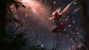 midair with flowing hair and vibrant armor.