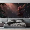 Xayah from League of Legends in a mystical forest setting|midair with flowing hair and vibrant armor.|