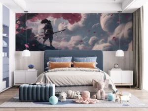 Yasuo from League of Legends standing on a cliff with cherry blossoms in a dramatic landscape