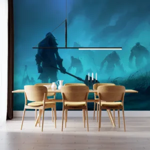 Yorick walking through a misty landscape|surrounded by ghostly figures.|