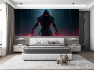 Zed from League of Legends emerging from shadows with glowing red swords.||