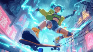 Alternative view of Zeri - Thrilling Skateboard Action in a Neon City Wall Mural