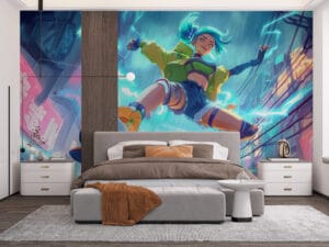 Zeri skating in a vibrant urban setting with neon lights.