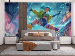 Zeri skating in a vibrant urban setting with neon lights.||