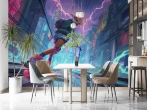Zeri-inspired character skating in a vibrant|futuristic urban environment.|