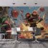 Ziggs from League of Legends joyfully leaping mid-air with explosions around him.