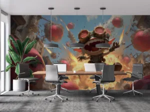 Ziggs from League of Legends joyfully leaping mid-air with explosions around him.||