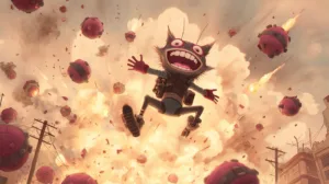 laughing joyfully amidst explosions.