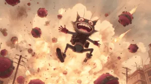 laughing joyfully amidst explosions.
