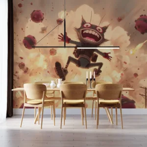 Ziggs from League of Legends in mid-air|laughing joyfully amidst explosions.|