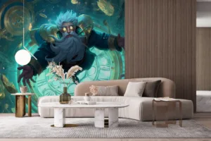 Zilean from League of Legends floating above a clock face surrounded by coins and gears||